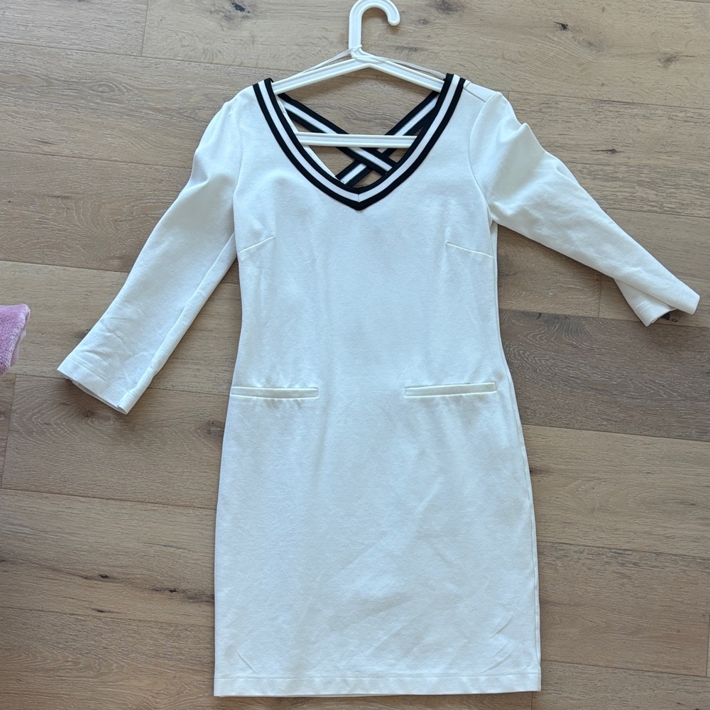 Local European White Long Sleeve Dress with Black Trim